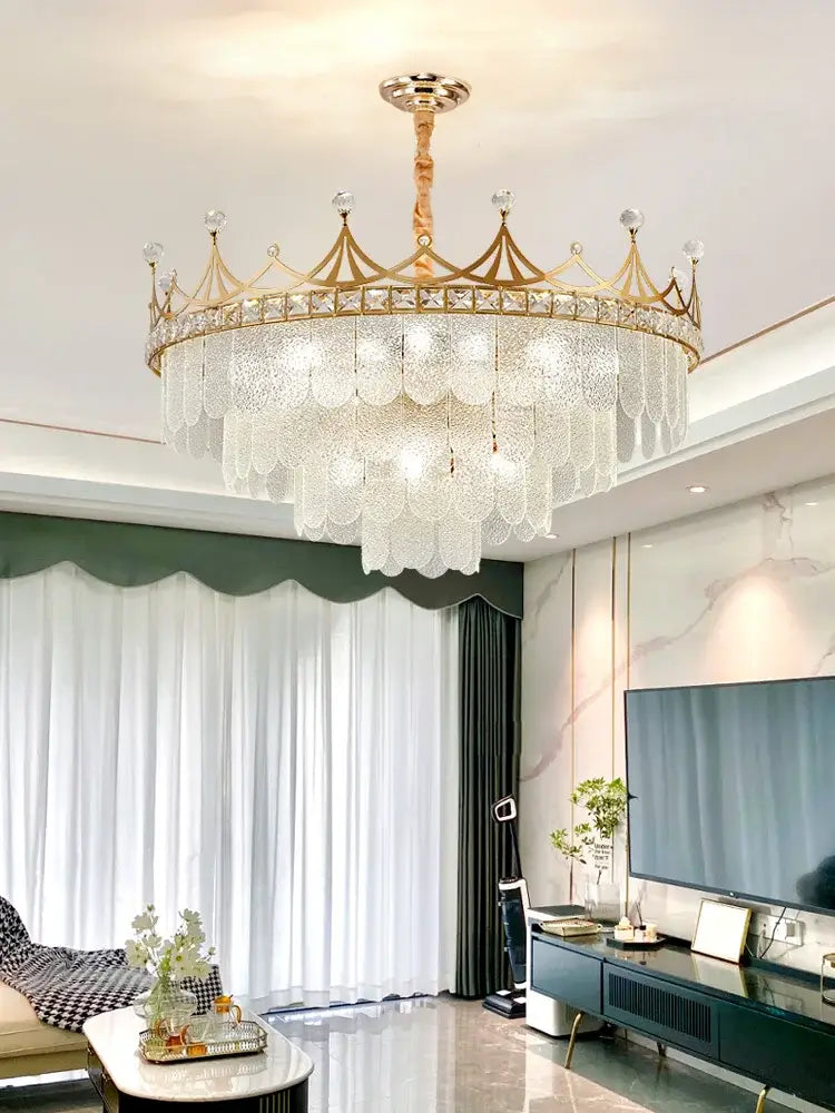 Elegant Modern Minimalist Crown K9 Crystal Chandelier - A Round Golden Fixture for Living Rooms and Bedrooms - DecorGlobe