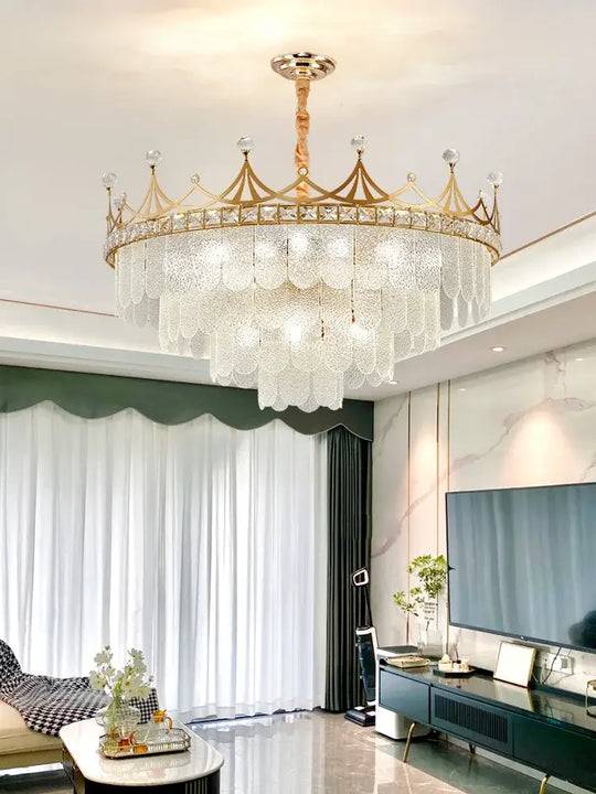 Elegant Modern Minimalist Crown K9 Crystal Chandelier - A Round Golden Fixture for Living Rooms and Bedrooms - DecorGlobe