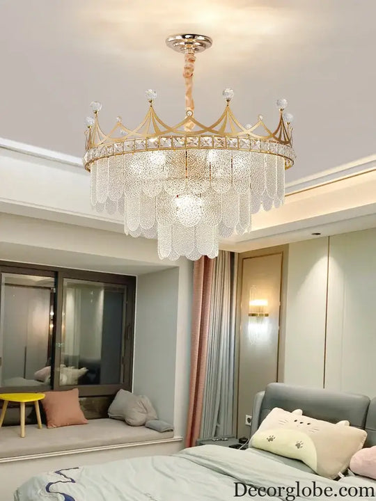 Elegant Modern Minimalist Crown K9 Crystal Chandelier - A Round Golden Fixture for Living Rooms and Bedrooms - DecorGlobe