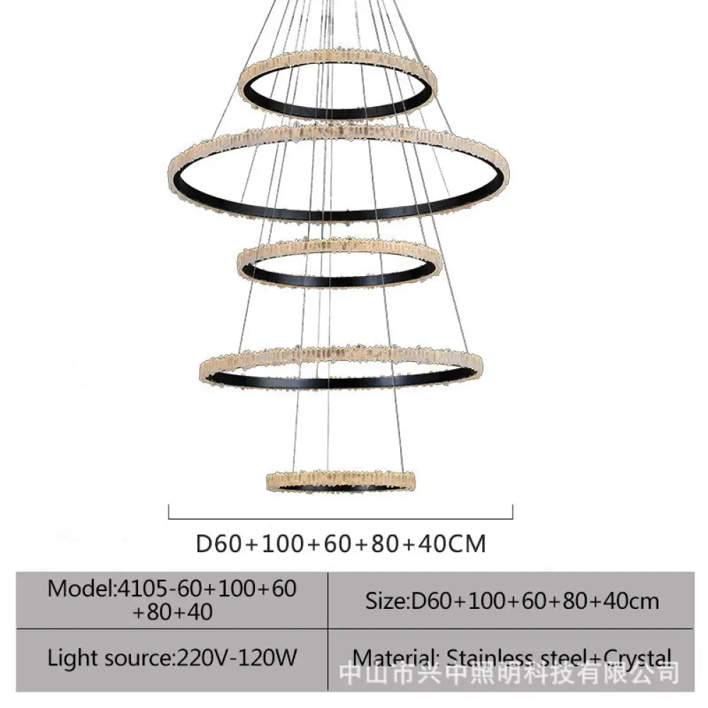 Ellie Modern Black Stainless Steel Natural Crystal Chandelier D60 + D100 + D60 + D80 + D40 Five Layers Chandelier