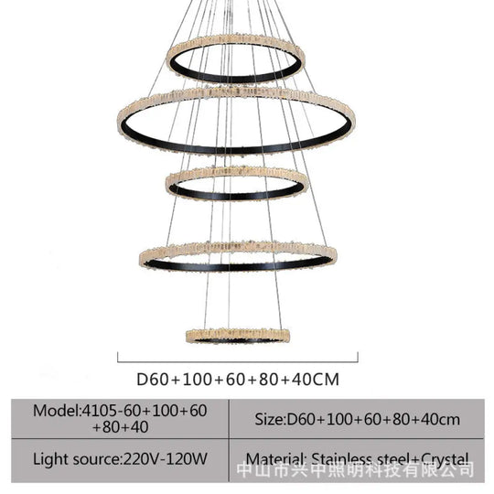 Ellie Modern Black Stainless Steel Natural Crystal Chandelier D60 + D100 + D60 + D80 + D40 Five Layers Chandelier