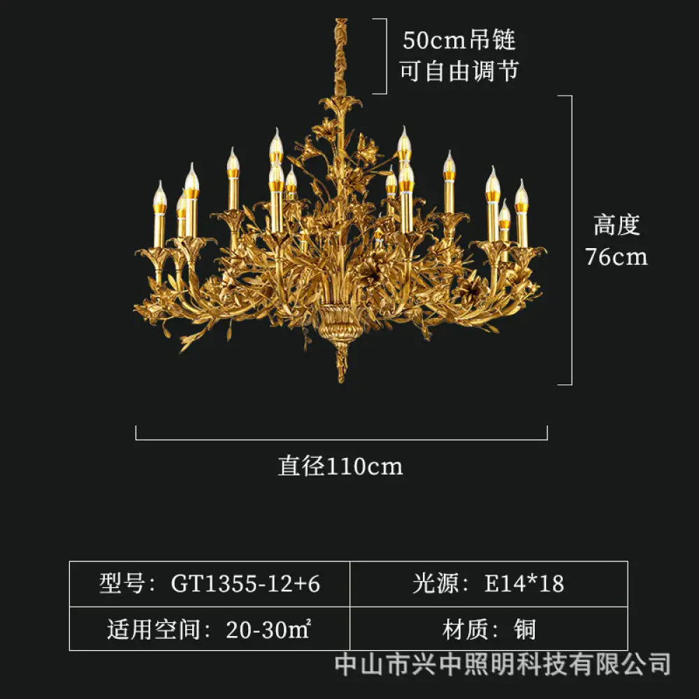 European Baroque Crystal Copper Branch Chandelier 12 + 6 head chandelier (diameter 110cm, height 76cm)