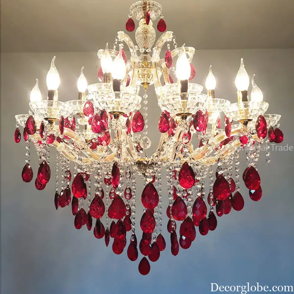 European Princess Crystal Chandelier - Choose from Warm Pink, Blue, Purple, or Red for Creative Room Decor - DecorGlobe