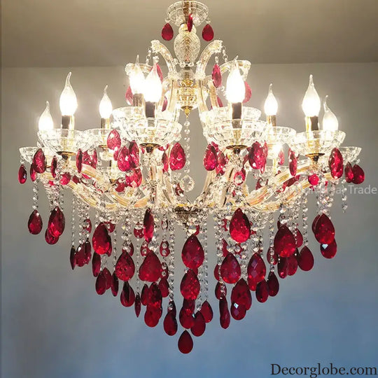 European Princess Crystal Chandelier - Choose from Warm Pink, Blue, Purple, or Red for Creative Room Decor - DecorGlobe