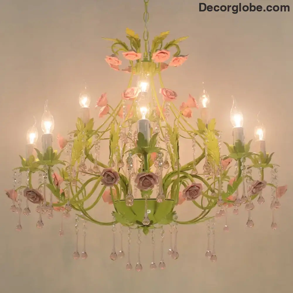 European Rose Flower Chandelier - Green Lustre Light in 6L/8L/12L Sizes, E14 Decoration Light Fixture in Pink - DecorGlobe