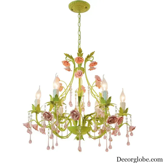 European Rose Flower Chandelier - Green Lustre Light in 6L/8L/12L Sizes, E14 Decoration Light Fixture in Pink - DecorGlobe