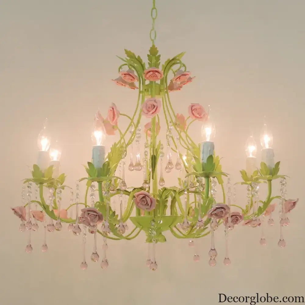 European Rose Flower Chandelier - Green Lustre Light in 6L/8L/12L Sizes, E14 Decoration Light Fixture in Pink - DecorGlobe