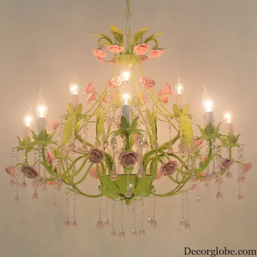 European Rose Flower Chandelier - Green Lustre Light in 6L/8L/12L Sizes, E14 Decoration Light Fixture in Pink - DecorGlobe