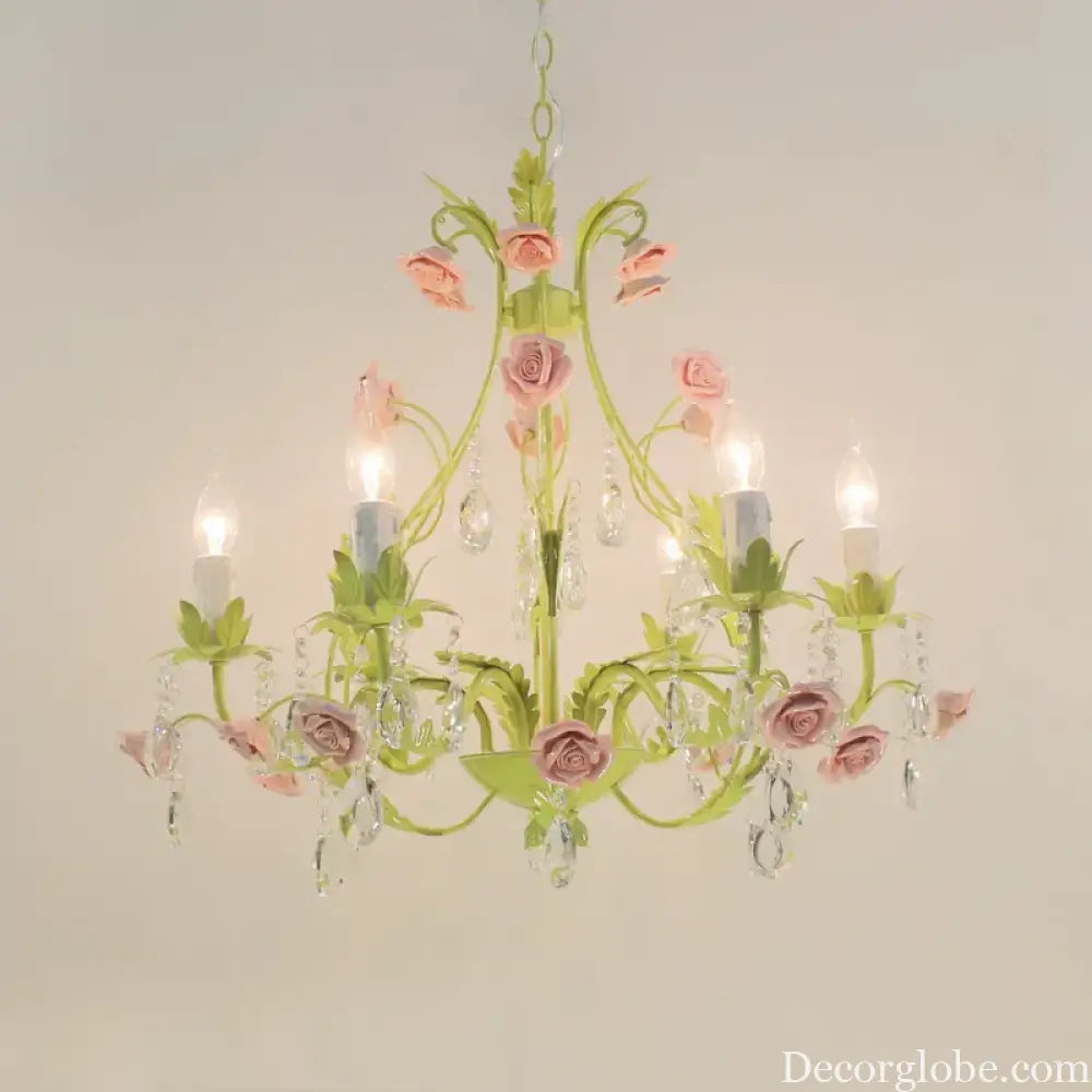 European Rose Flower Chandelier - Green Lustre Light in 6L/8L/12L Sizes, E14 Decoration Light Fixture in Pink - DecorGlobe