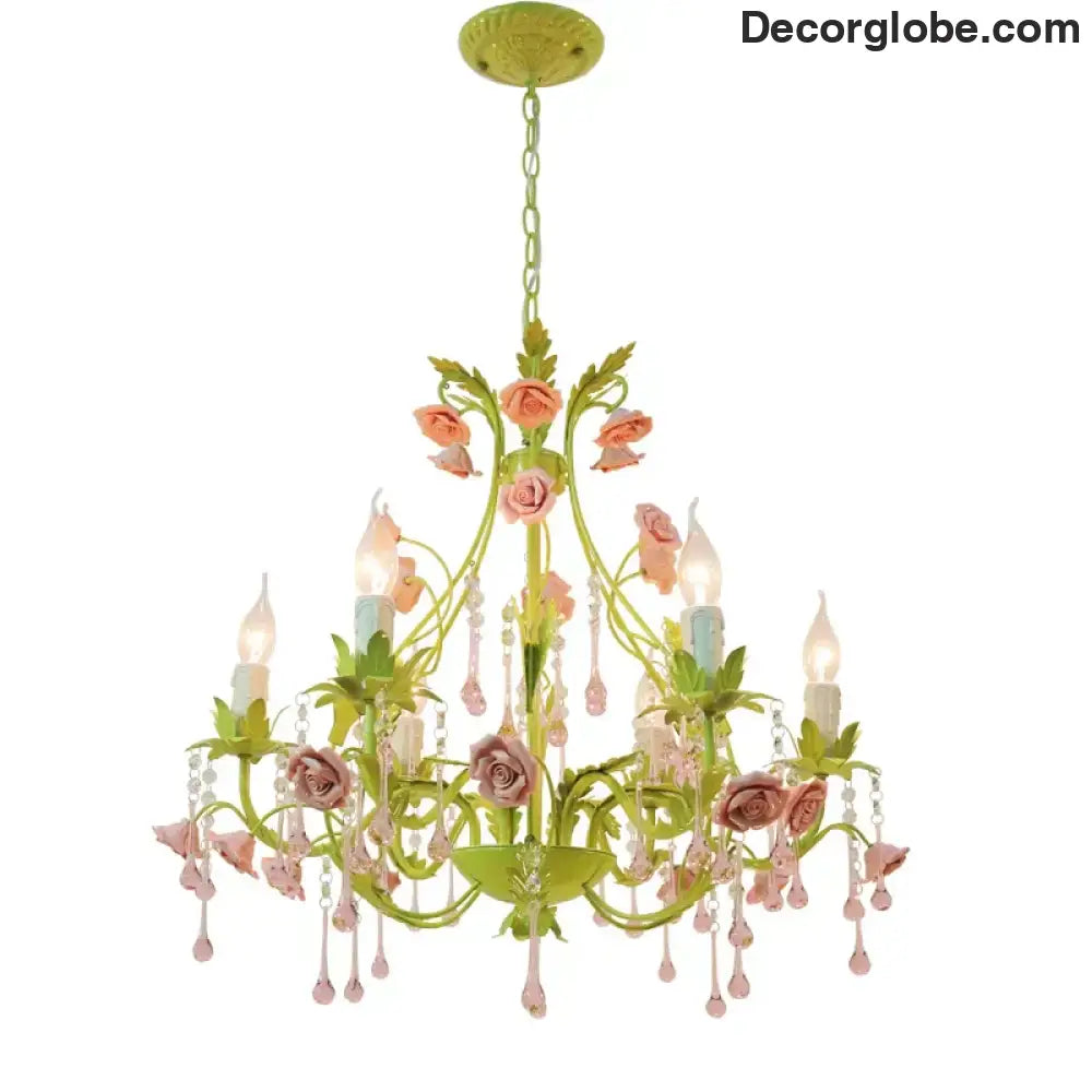 European Rose Flower Chandelier - Green Lustre Light in 6L/8L/12L Sizes, E14 Decoration Light Fixture in Pink - DecorGlobe