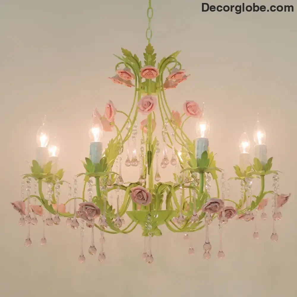 European Rose Flower Chandelier - Green Lustre Light in 6L/8L/12L Sizes, E14 Decoration Light Fixture in Pink - DecorGlobe