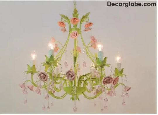 European Rose Flower Chandelier - Green Lustre Light in 6L/8L/12L Sizes, E14 Decoration Light Fixture in Pink - DecorGlobe