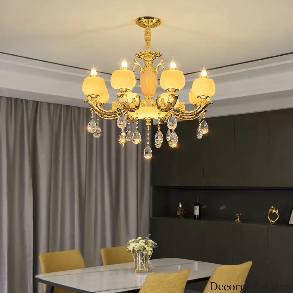 European Style Jade Crystal Chandelier - Luxury Lighting with Natural Marble Accents for Dining Rooms, Bedrooms, and Living Spaces - DecorGlobe