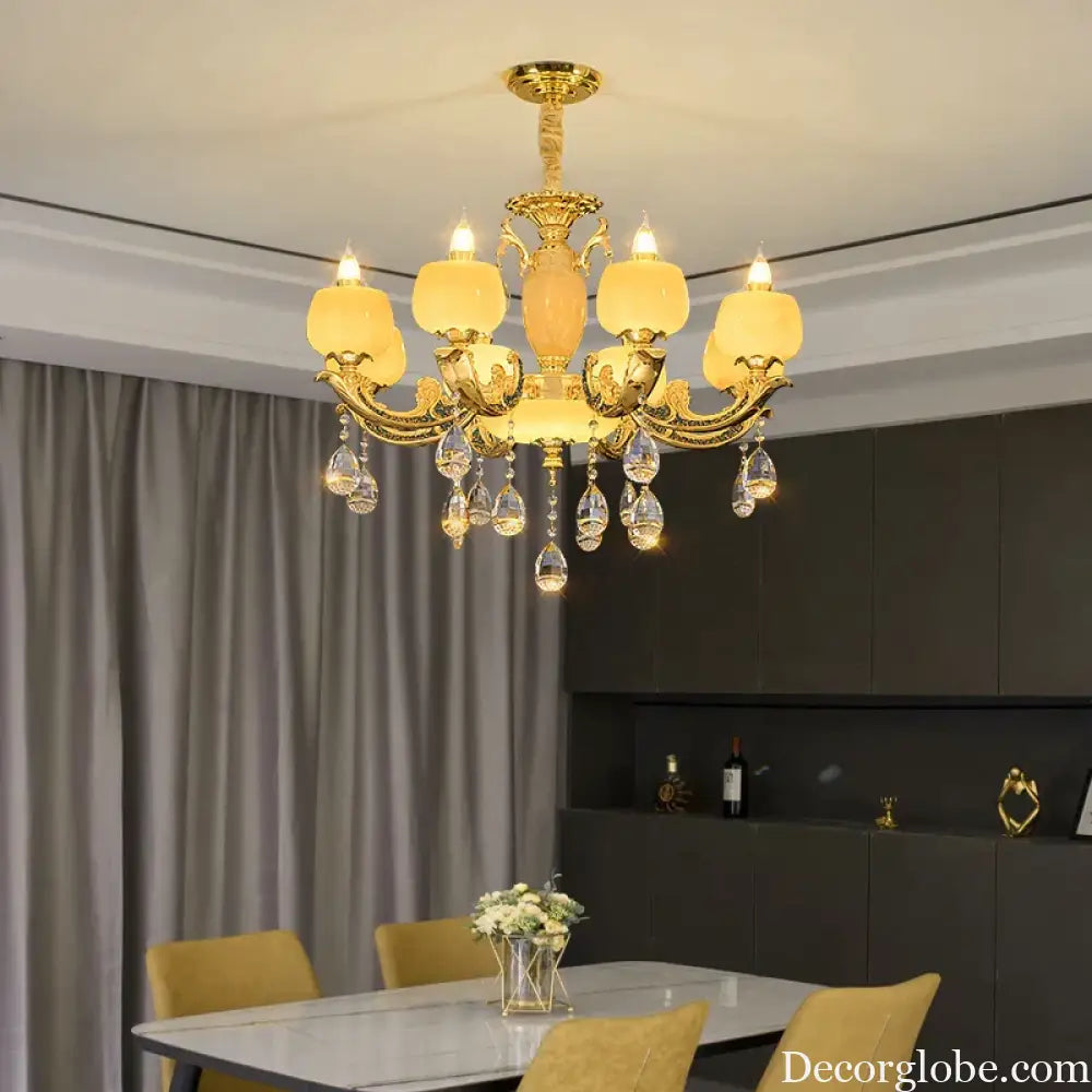 European Style Jade Crystal Chandelier - Luxury Lighting with Natural Marble Accents for Dining Rooms, Bedrooms, and Living Spaces - DecorGlobe