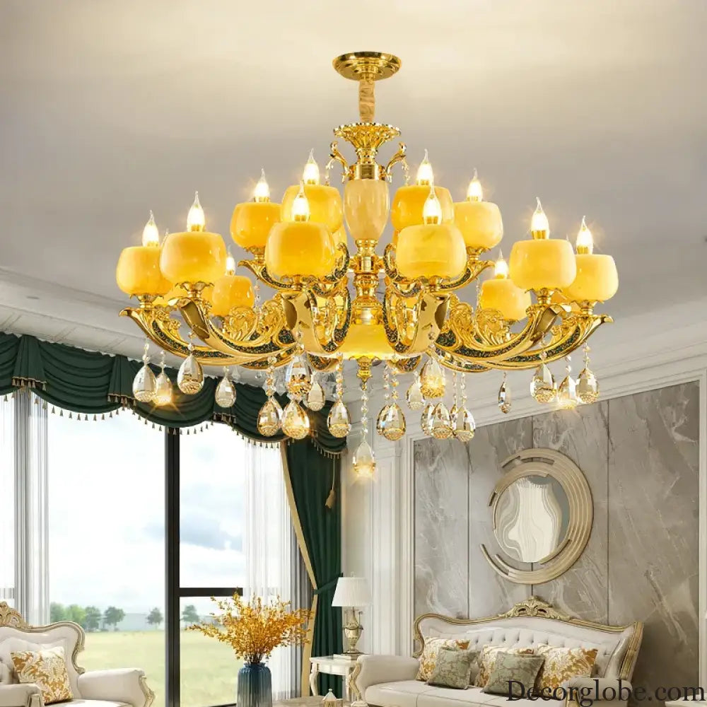 European Style Jade Crystal Chandelier - Luxury Lighting with Natural Marble Accents for Dining Rooms, Bedrooms, and Living Spaces - DecorGlobe