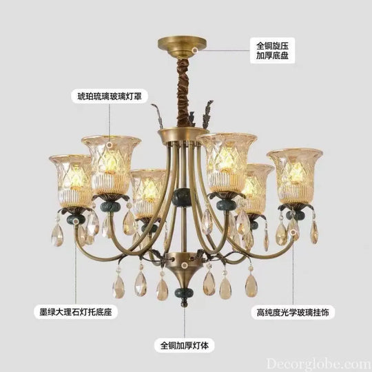 French-Style Vintage All-Copper Solid Wood Main Lighting Fixture for Living Room and Hall Retro American-Style Dining