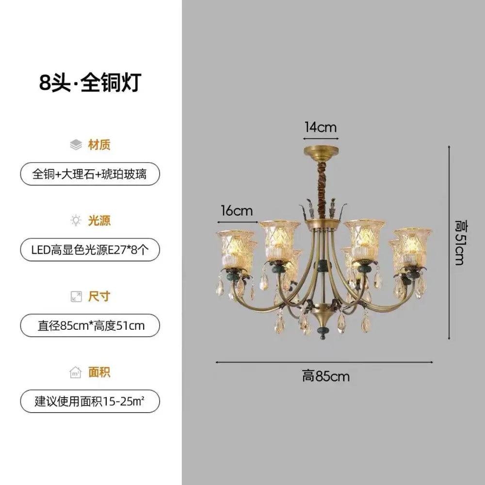 French-Style Vintage All-Copper Solid Wood Main Lighting Fixture for Living Room and Hall Retro American-Style Dining