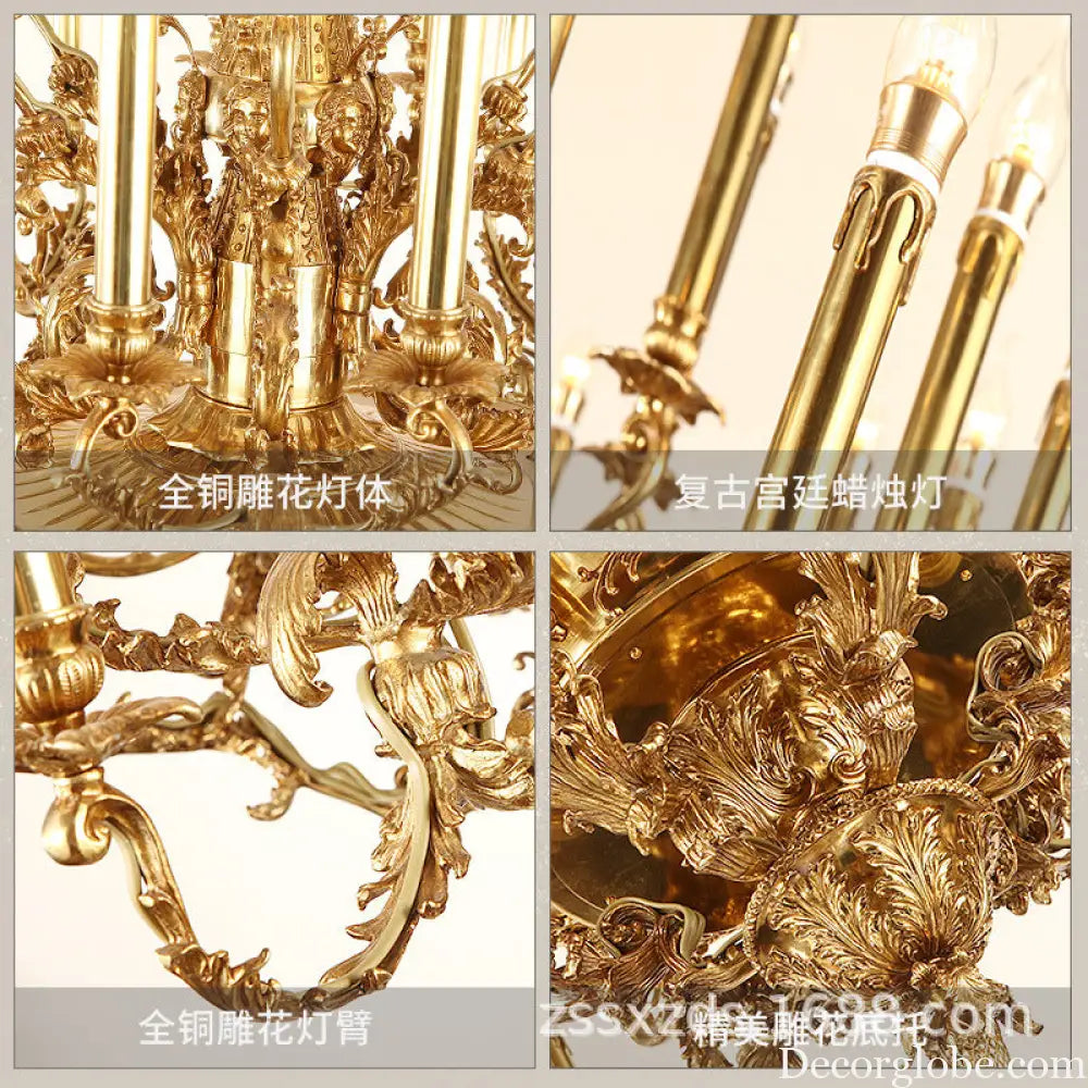 Villa living room chandelier European hotel restaurant copper candle lamp creative personality French duplex building