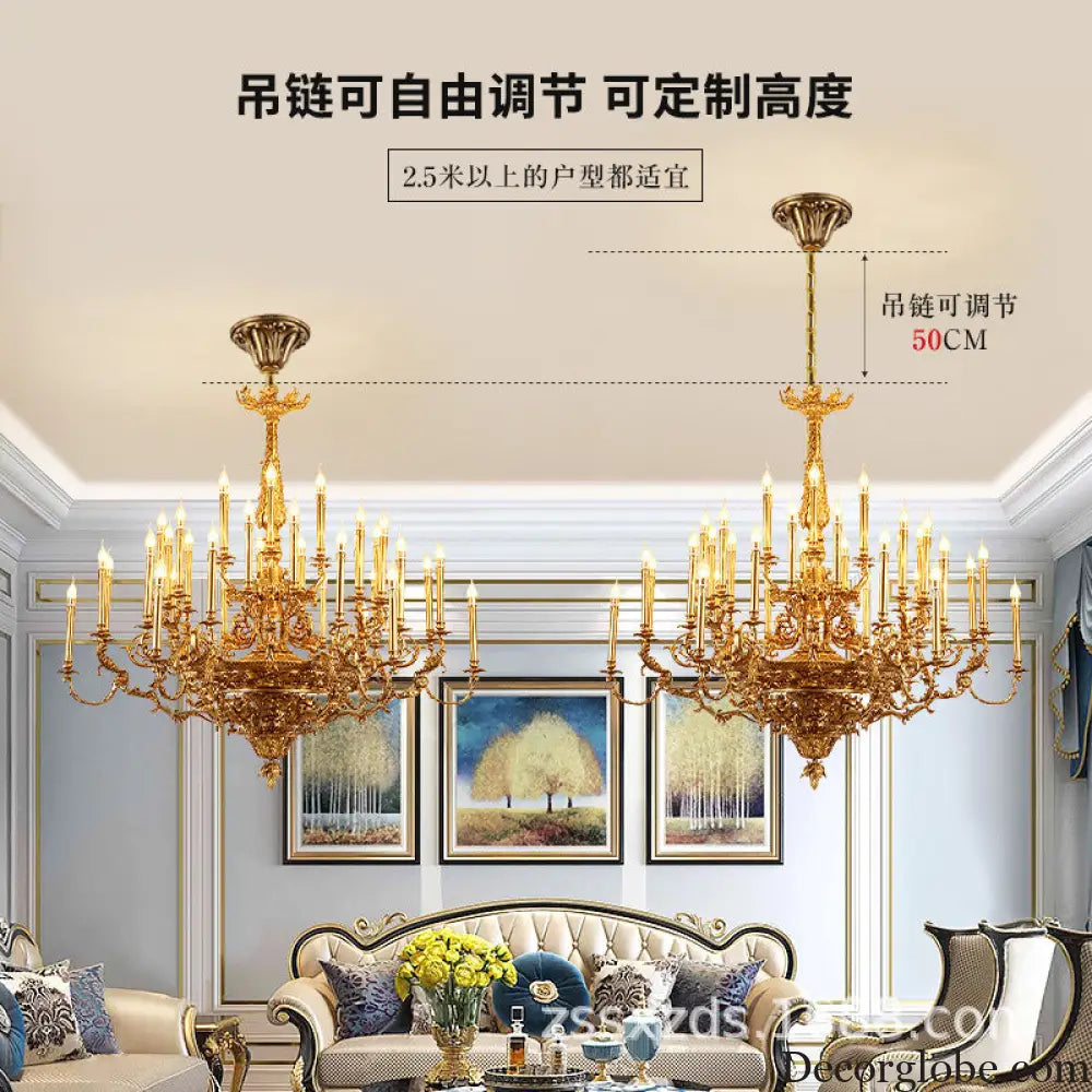 Villa living room chandelier European hotel restaurant copper candle lamp creative personality French duplex building