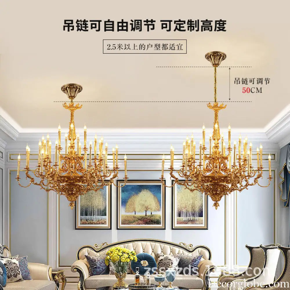 Villa living room chandelier European hotel restaurant copper candle lamp creative personality French duplex building