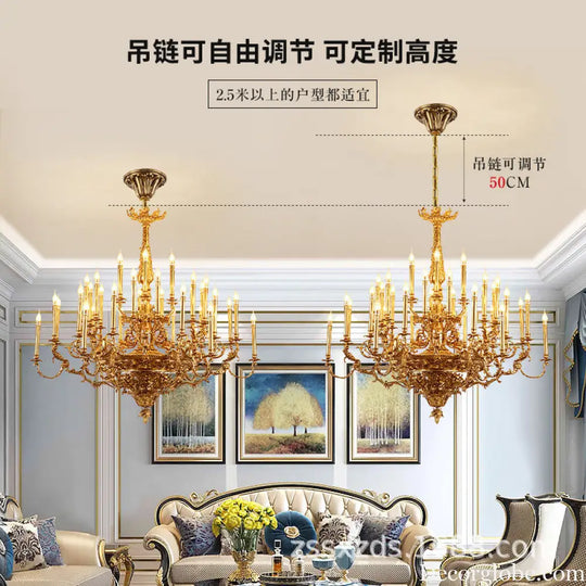 Villa living room chandelier European hotel restaurant copper candle lamp creative personality French duplex building