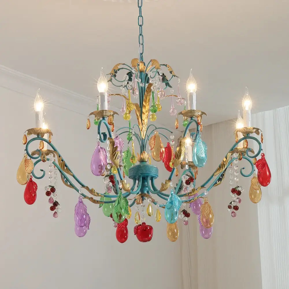 French Colorful Droplets Chandelier Light Nordic Candle Style Pendant Lamp Iron Crystal Home Living Dining Room