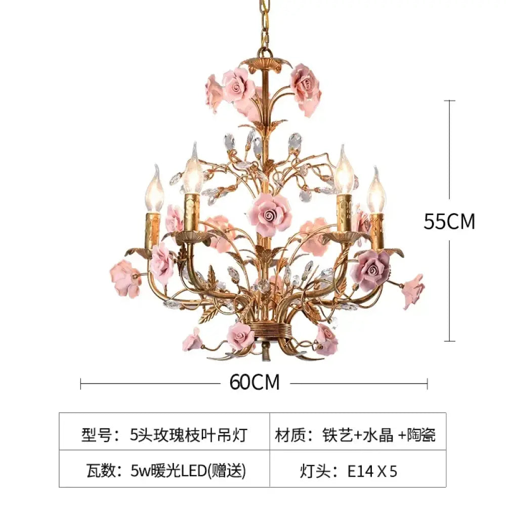 ROSELYN French Vintage Rose Pendant Lamp Pink 5 heads Chandelier