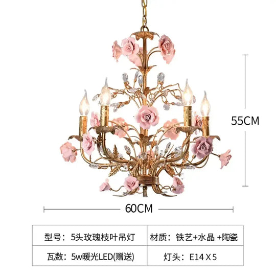 ROSELYN French Vintage Rose Pendant Lamp Pink 5 heads Chandelier