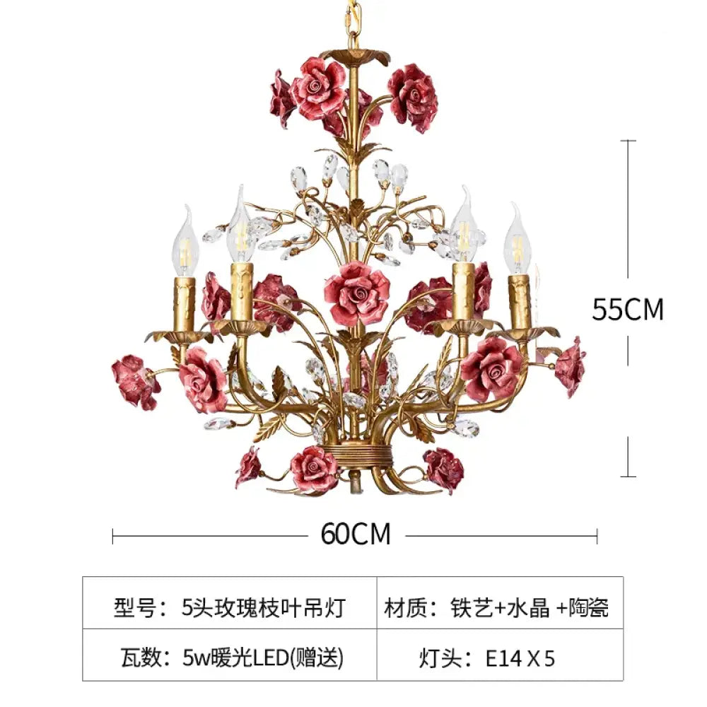 ROSELYN French Vintage Rose Pendant Lamp Red 5 heads Chandelier