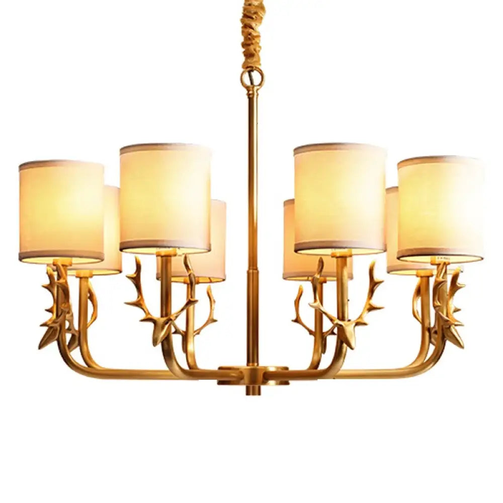 Willlustr Antler Copper Pendant Lamp with Fabric Shade American Country Bronze Brass Chandelier Suspension Lighting