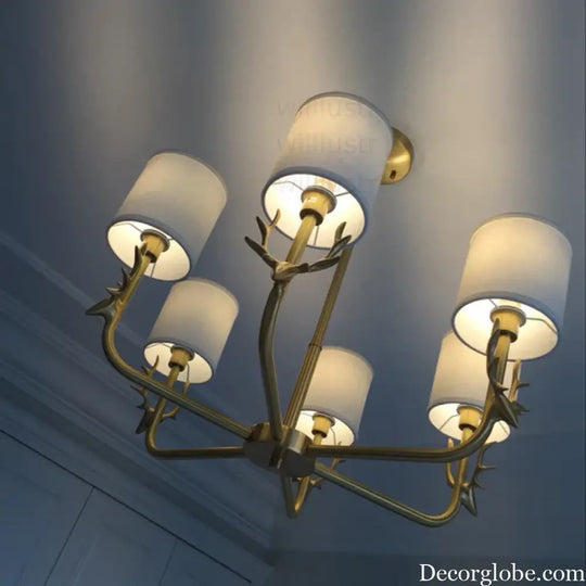 Willlustr Antler Copper Pendant Lamp with Fabric Shade American Country Bronze Brass Chandelier Suspension Lighting