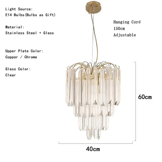 Gianna Italian Crystal Glass Pendant Chandelier – Classic Hanging Light for Staircase & High Ceilings 40cm / Chrome