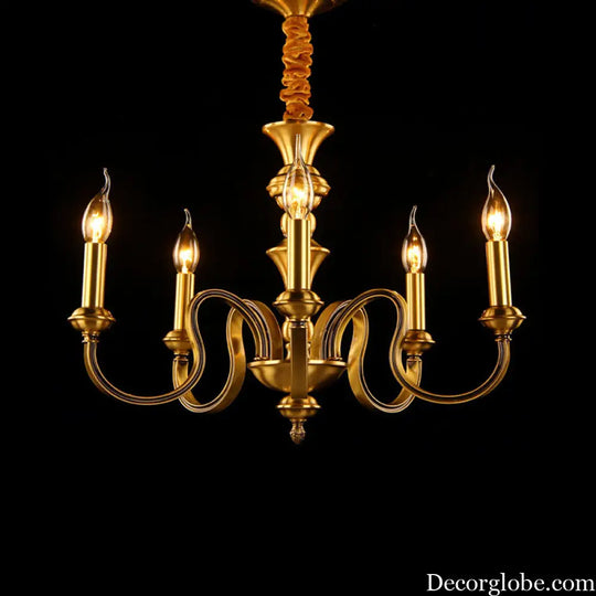 Gold Colonial Candle Ceiling Pendant Light with 3/5/6 Metal Heads - Elegant Living Room Chandelier Lamp