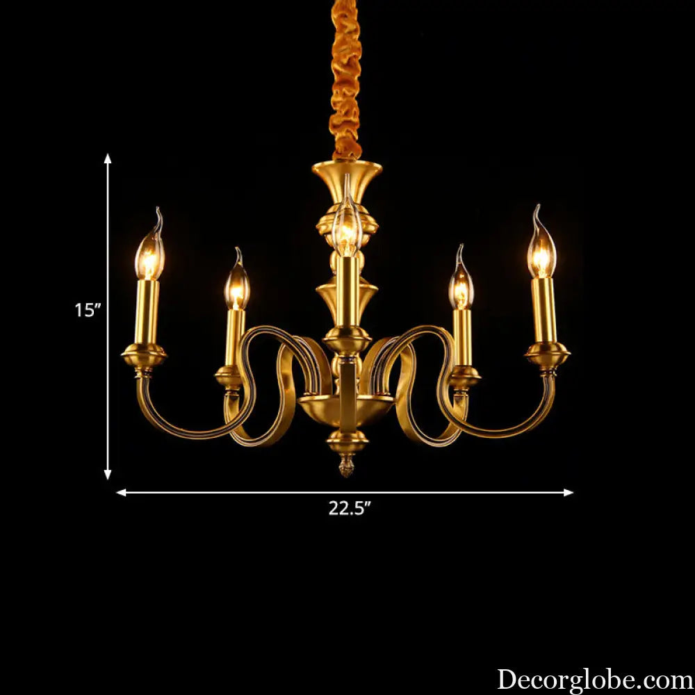 Gold Colonial Candle Ceiling Pendant Light with 3/5/6 Metal Heads - Elegant Living Room Chandelier Lamp