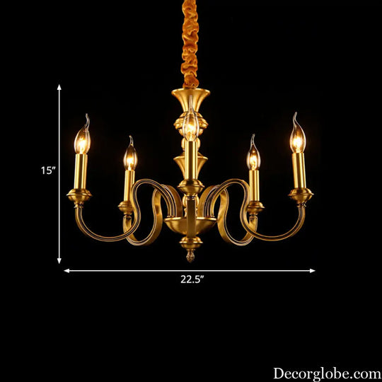 Gold Colonial Candle Ceiling Pendant Light with 3/5/6 Metal Heads - Elegant Living Room Chandelier Lamp