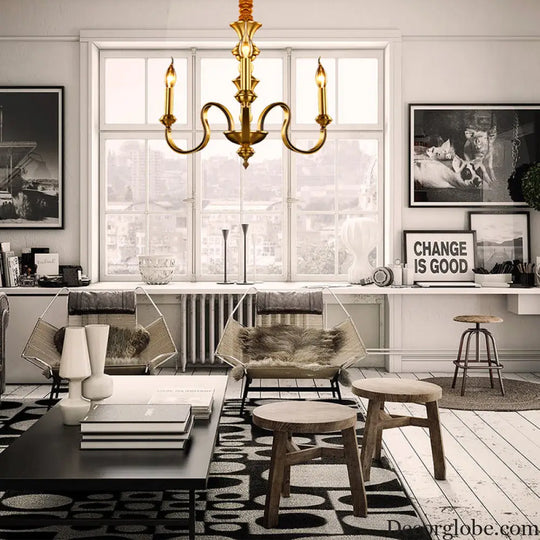 Gold Colonial Candle Ceiling Pendant Light with 3/5/6 Metal Heads - Elegant Living Room Chandelier Lamp