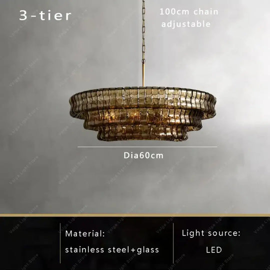 Gray Glass Round Ceiling Chandelier 60cm 3-layers / Natural light Chandelier