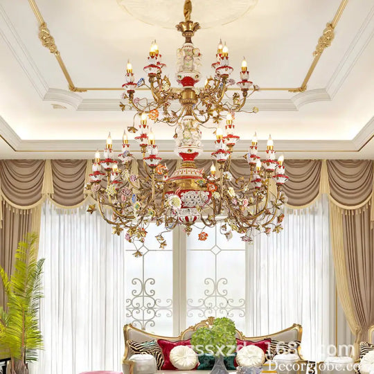 French duplex building copper chandelier European living room lamp luxury atmosphere ceramic villa empty large