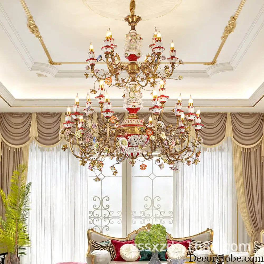 French duplex building copper chandelier European living room lamp luxury atmosphere ceramic villa empty large