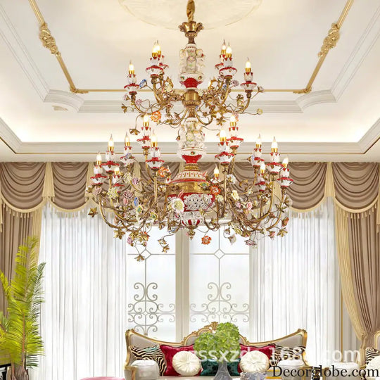 French duplex building copper chandelier European living room lamp luxury atmosphere ceramic villa empty large