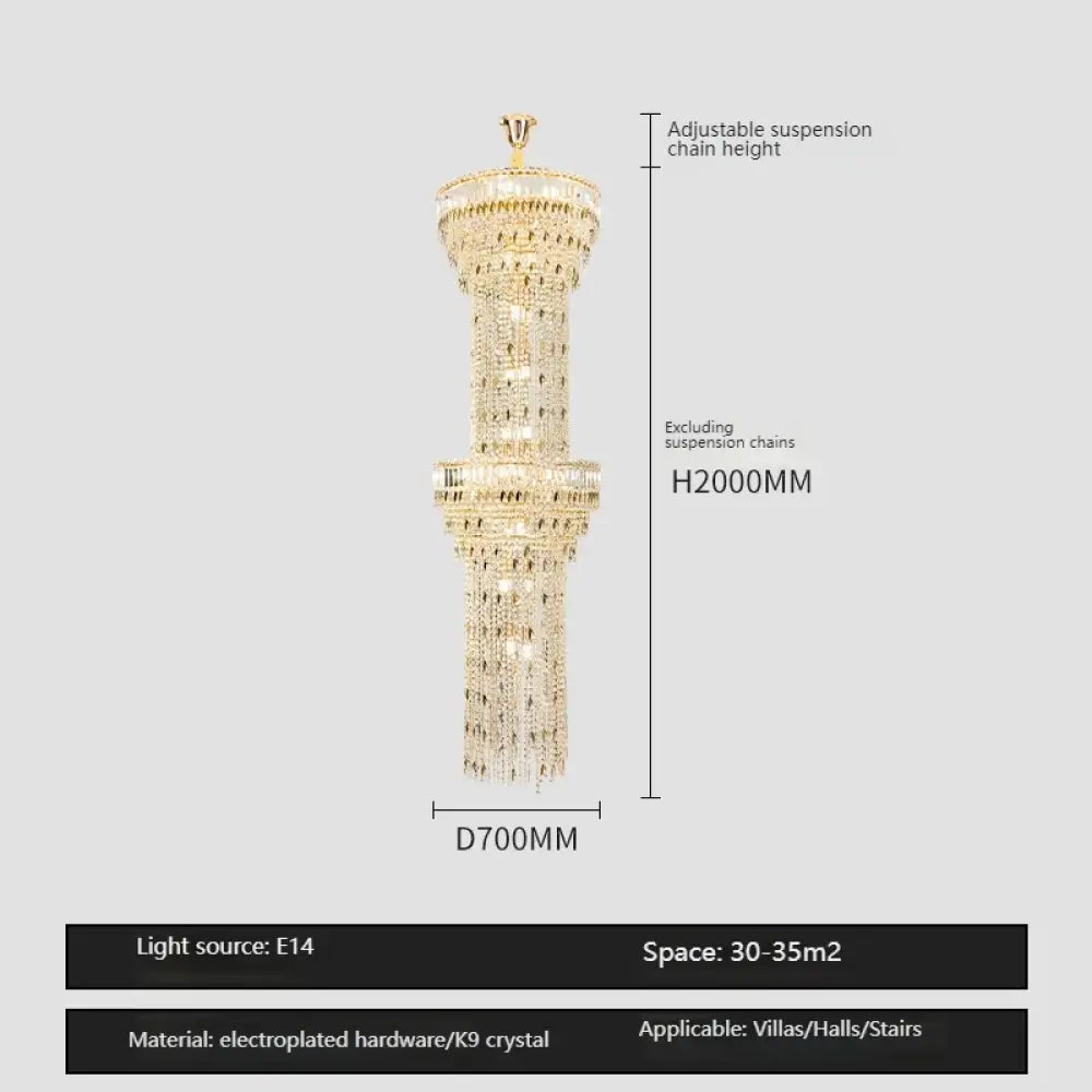 Hollow Spiral Crystal Long Chandelier for Staircase and Living Room 2layersDia70cmH200cm / Neutral light Chandelier