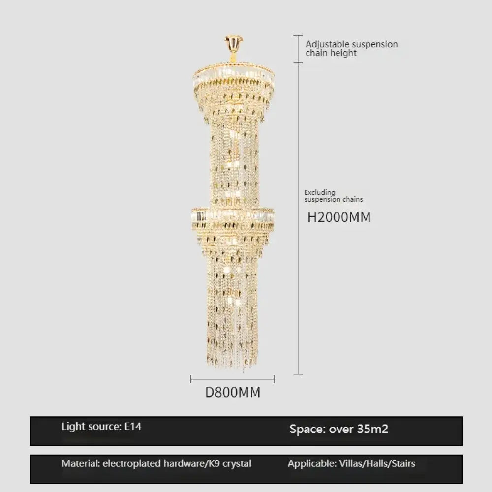 Hollow Spiral Crystal Long Chandelier for Staircase and Living Room 2layersDia80cmH200cm / Neutral light Chandelier