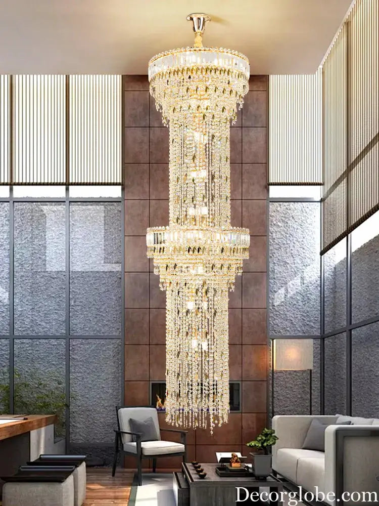 Hollow Spiral Crystal Long Chandelier for Staircase and Living Room Chandelier
