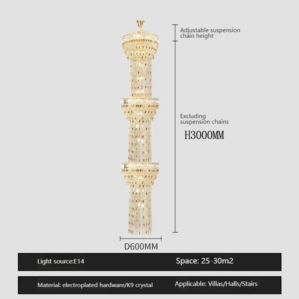 Hollow Spiral Crystal Long Chandelier for Staircase and Living Room 3layersDia60cmH300cm / Neutral light Chandelier