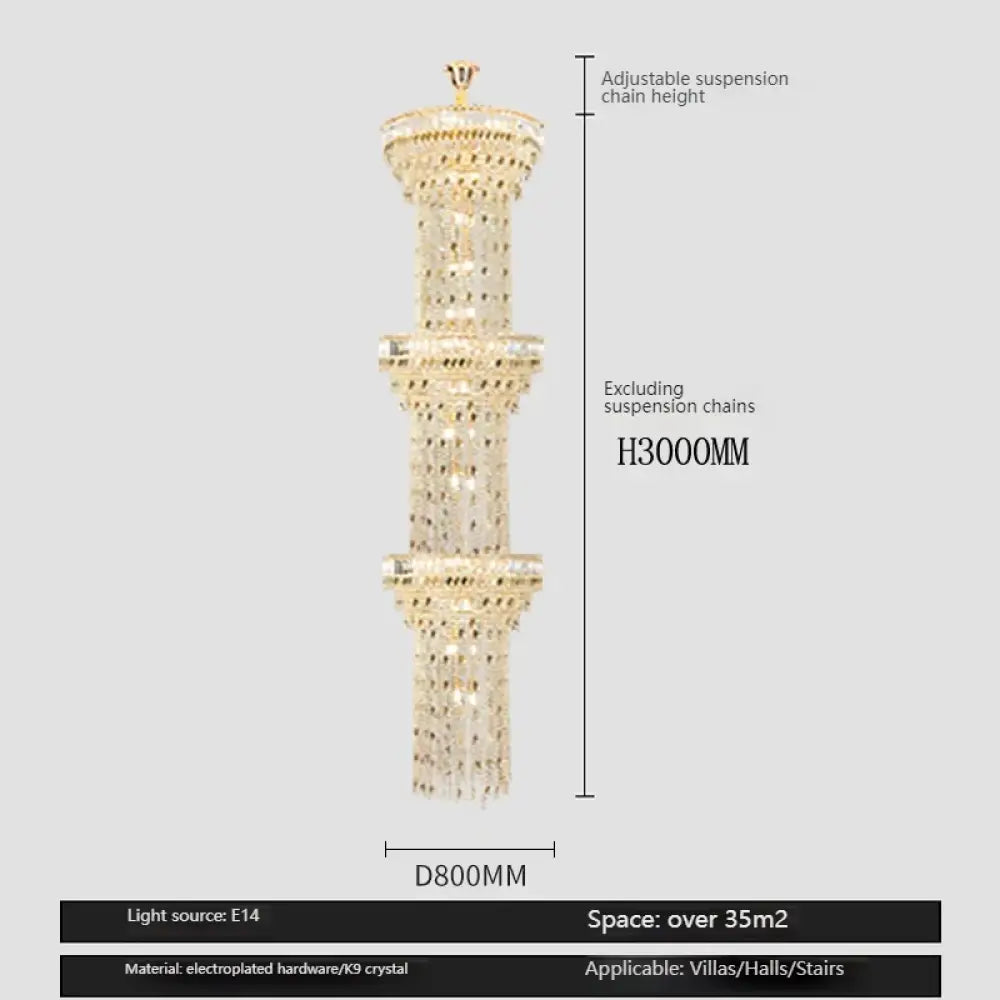 Hollow Spiral Crystal Long Chandelier for Staircase and Living Room 3layersDia80cmH300cm / Neutral light Chandelier