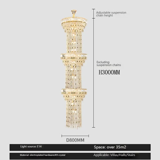 Hollow Spiral Crystal Long Chandelier for Staircase and Living Room 3layersDia80cmH300cm / Neutral light Chandelier