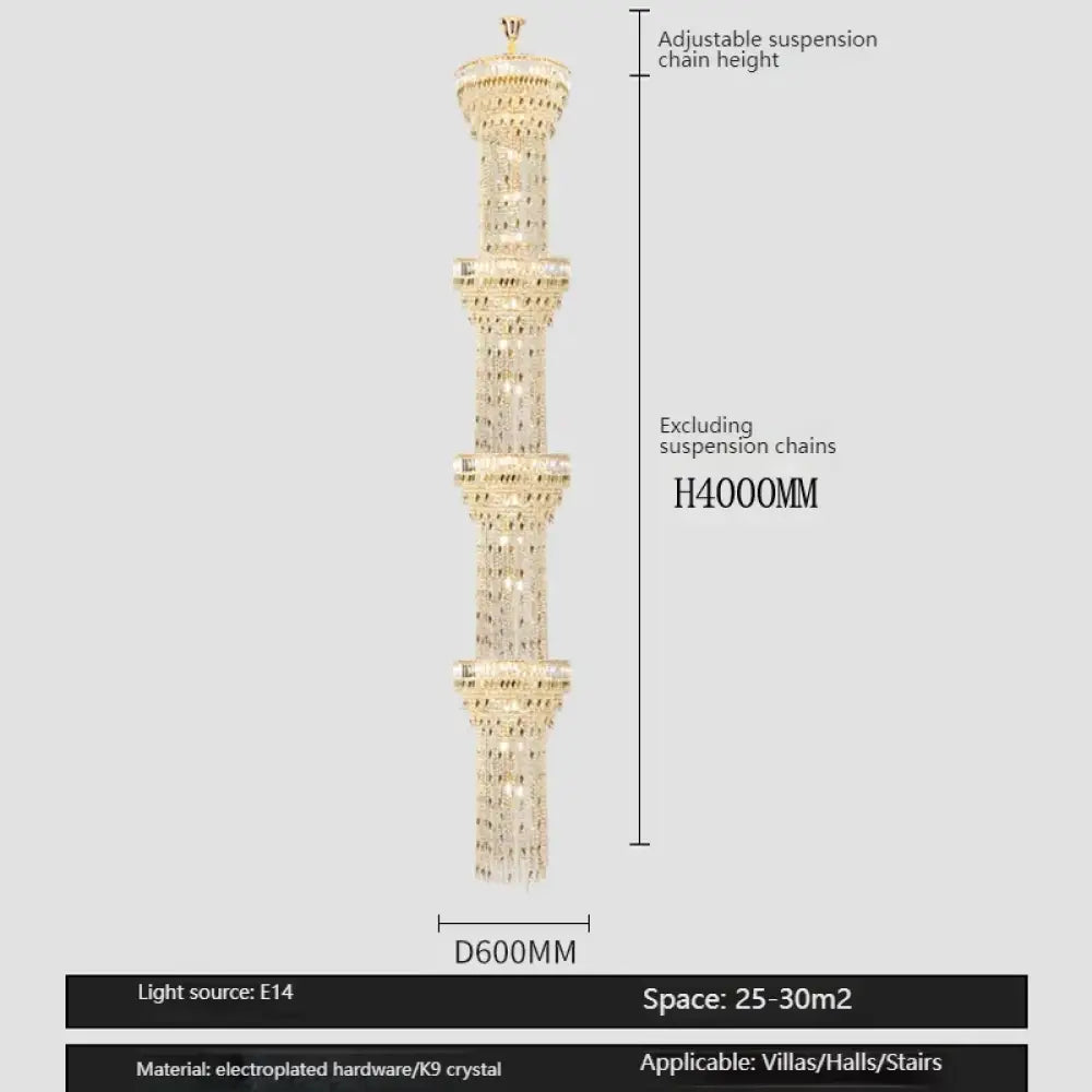 Hollow Spiral Crystal Long Chandelier for Staircase and Living Room 4layersDia60cmH400cm / Neutral light Chandelier