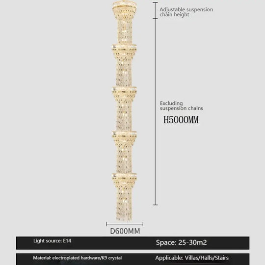 Hollow Spiral Crystal Long Chandelier for Staircase and Living Room 4layersDia60cmH500cm / Warm light Chandelier