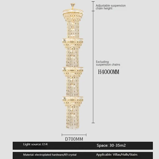 Hollow Spiral Crystal Long Chandelier for Staircase and Living Room 4layersDia70cmH400cm / Neutral light Chandelier