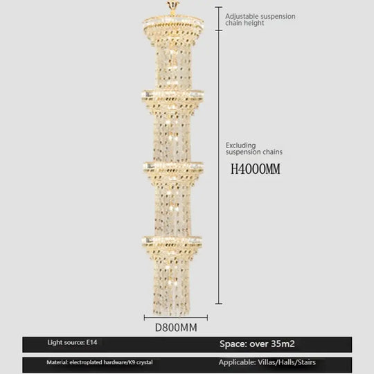 Hollow Spiral Crystal Long Chandelier for Staircase and Living Room 4layersDia80cmH400cm / Neutral light Chandelier